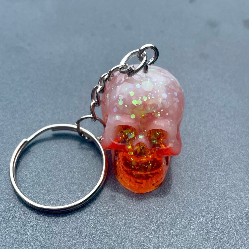 Hand Crafted Resin Orange and White Glitter Skull Keychain